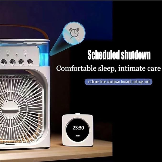 Fan with a timer display on a wooden surface, highlighting scheduled shutdown feature.