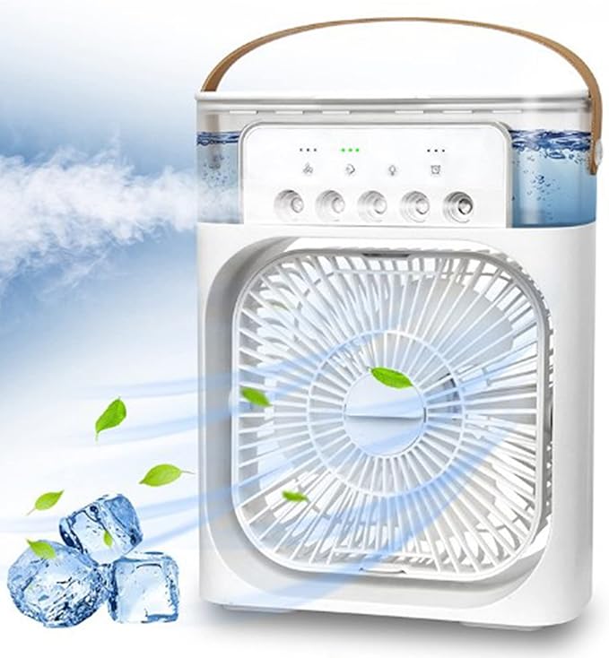 Portable air cooler with fan blades and ice cubes on a blue sky background
